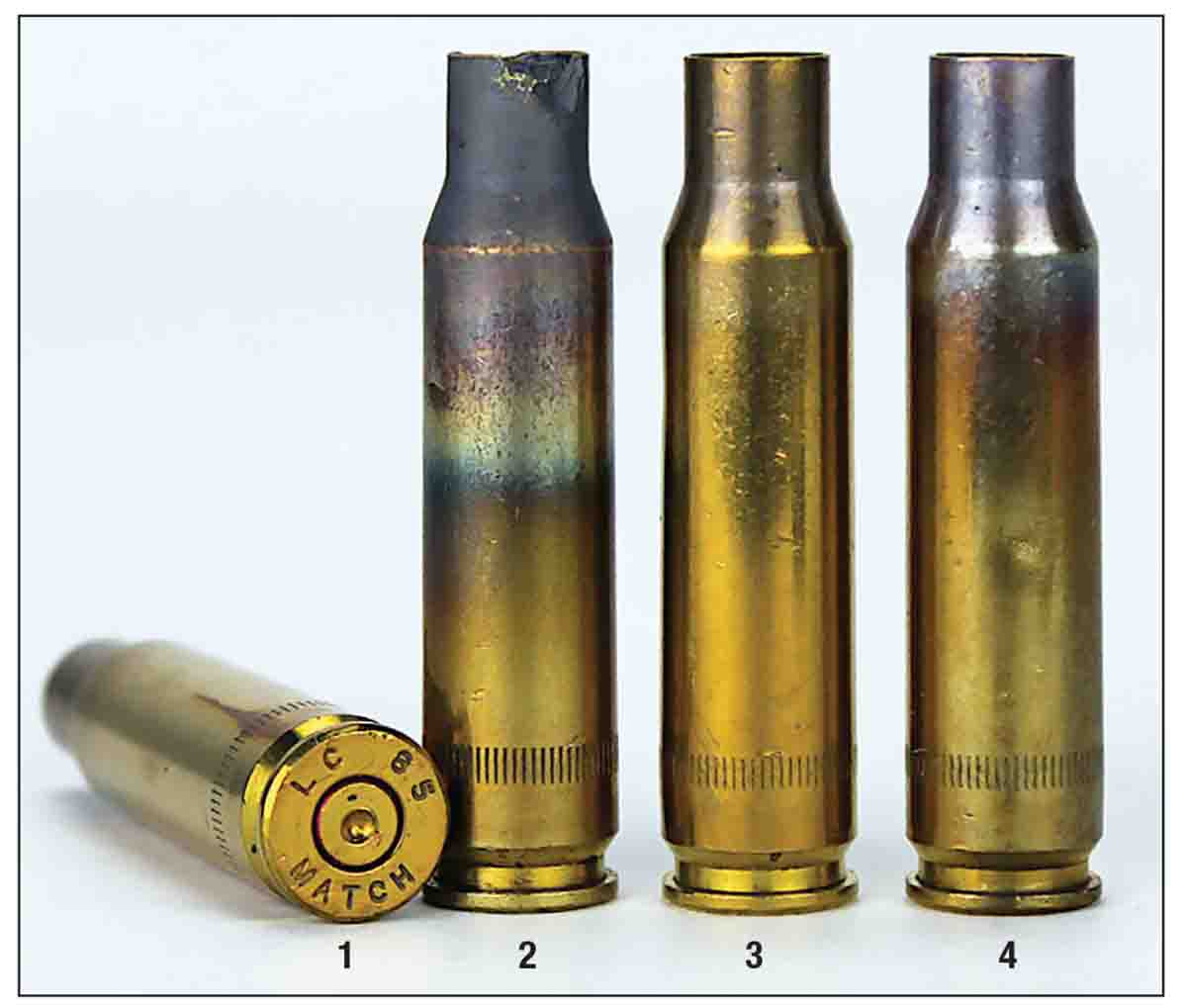 LC85 brass (1) shows a case sacrificed for analysis (2), an unannealed case (3) and an annealed case (4).